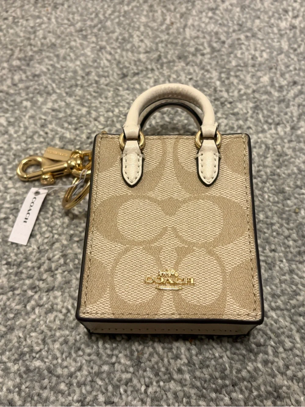 COACH Signature Mini Tote Bag Charm Tan and Cream - Picture 3 of 7